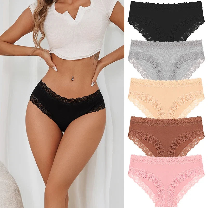 5PCS/Set Women Cotton Panties Sexy Lace Low Waist Briefs Stretch Comfortable Ladies Underwear Soft Breathable Intimate Lingerie