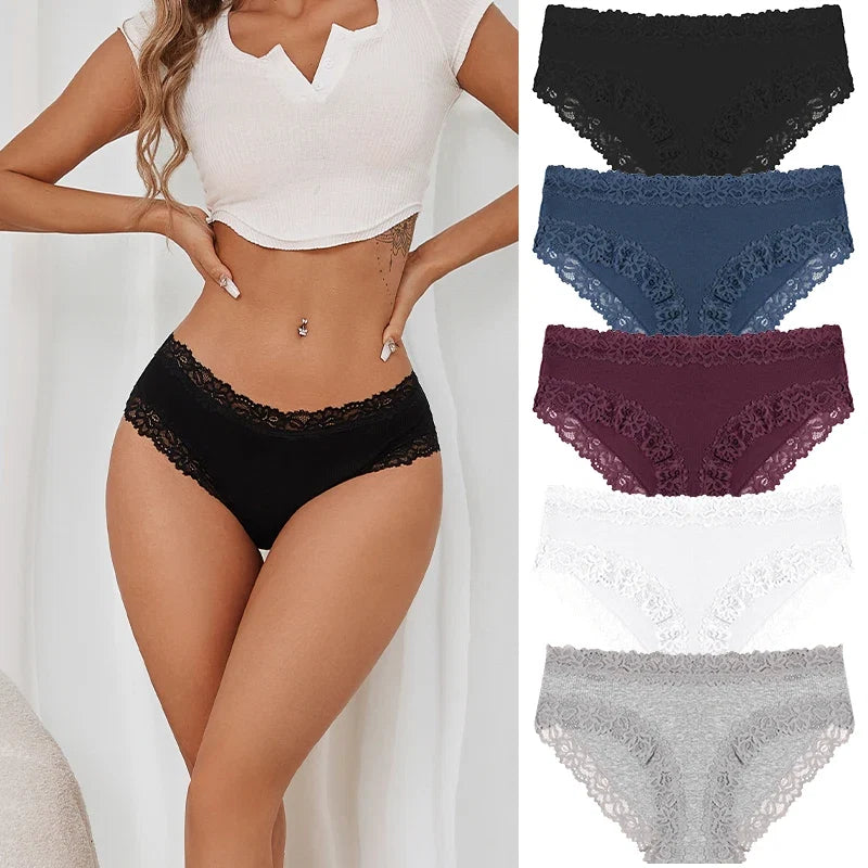 5PCS/Set Women Cotton Panties Sexy Lace Low Waist Briefs Stretch Comfortable Ladies Underwear Soft Breathable Intimate Lingerie