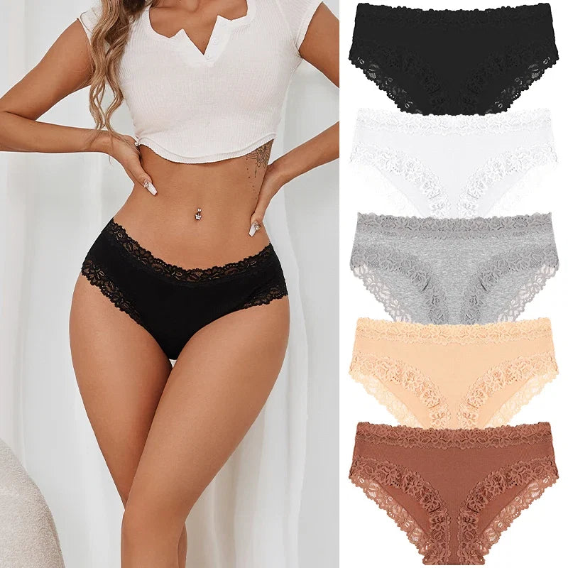 5PCS/Set Women Cotton Panties Sexy Lace Low Waist Briefs Stretch Comfortable Ladies Underwear Soft Breathable Intimate Lingerie