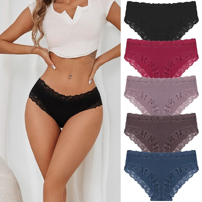 5PCS/Set Women Cotton Panties Sexy Lace Low Waist Briefs Stretch Comfortable Ladies Underwear Soft Breathable Intimate Lingerie