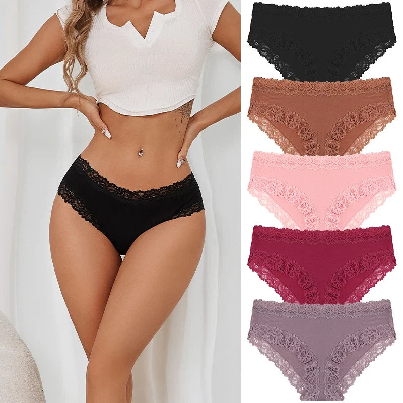 5PCS/Set Women Cotton Panties Sexy Lace Low Waist Briefs Stretch Comfortable Ladies Underwear Soft Breathable Intimate Lingerie