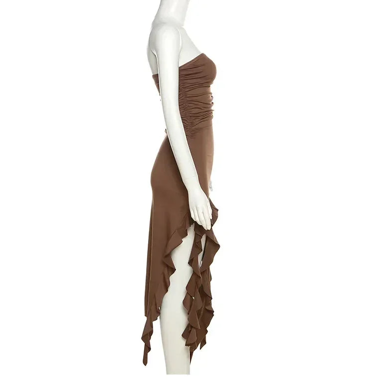 Cryptographic Irregular Ruffle Off Shoulder Sexy Backless Midi Dress for Women Elegant Birthday Vestido Summer Sundresses Ruched