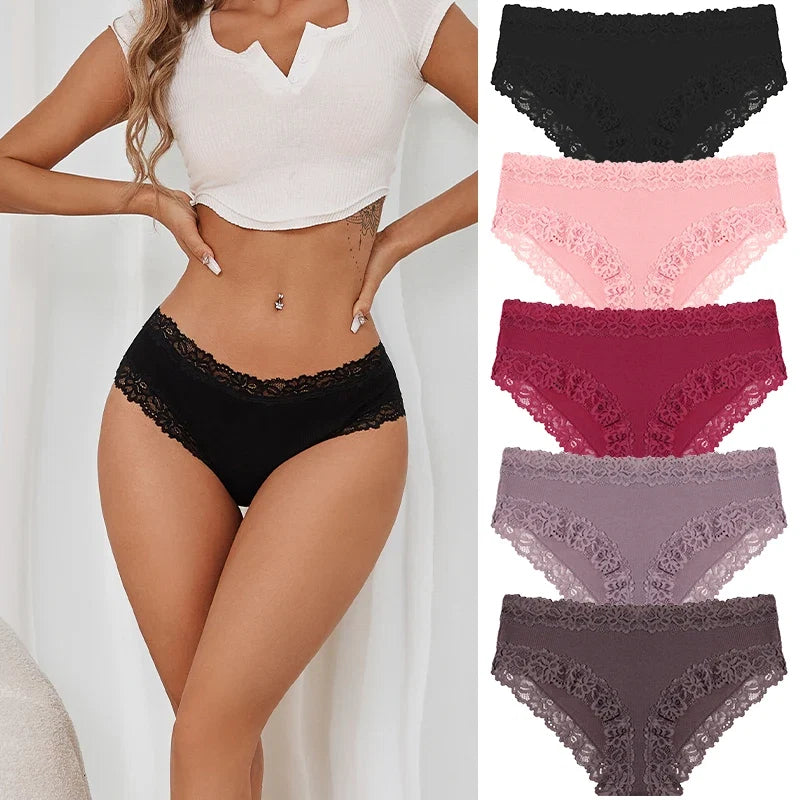 5PCS/Set Women Cotton Panties Sexy Lace Low Waist Briefs Stretch Comfortable Ladies Underwear Soft Breathable Intimate Lingerie