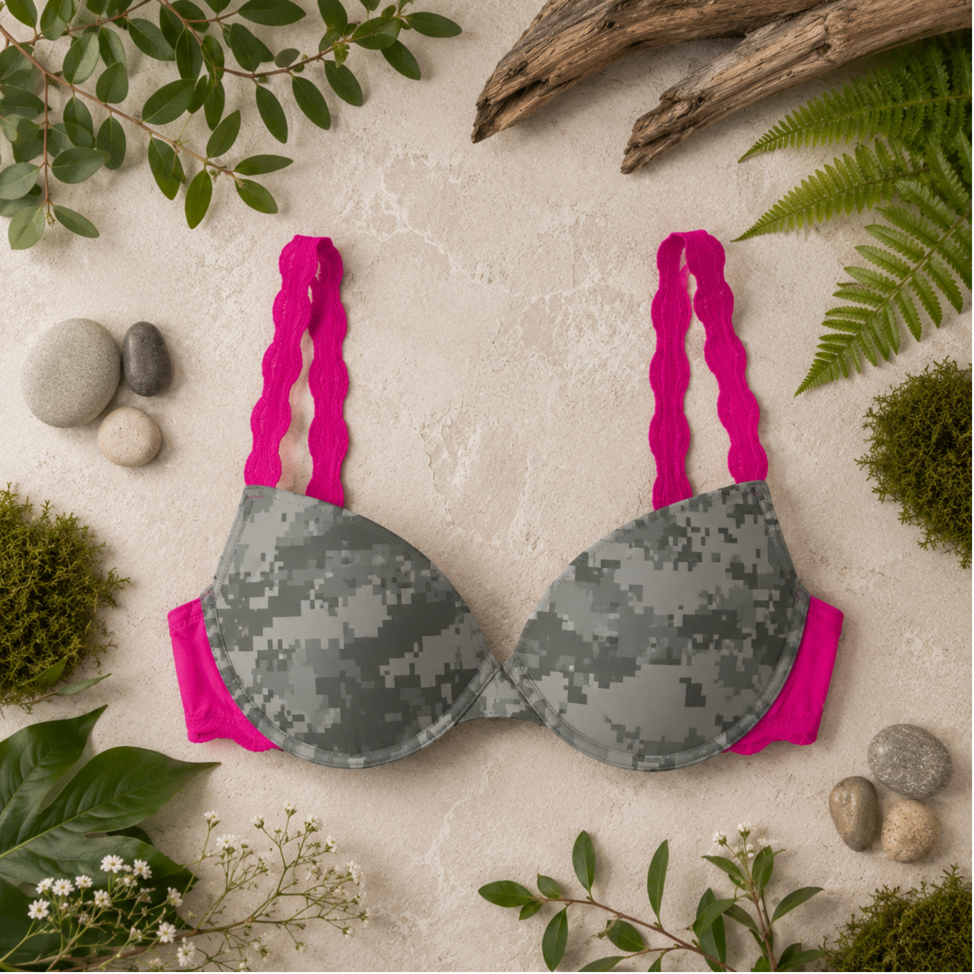 Women's Pink Camo Hunting Bra - Atlas Fuchsia Lace T-Shirt Bra - Wilderness Dreams