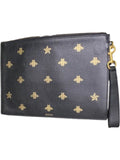 Gucci Bee Star Leather Zip Wristlet Clutch Black Gold Animalier Pouch Wallet