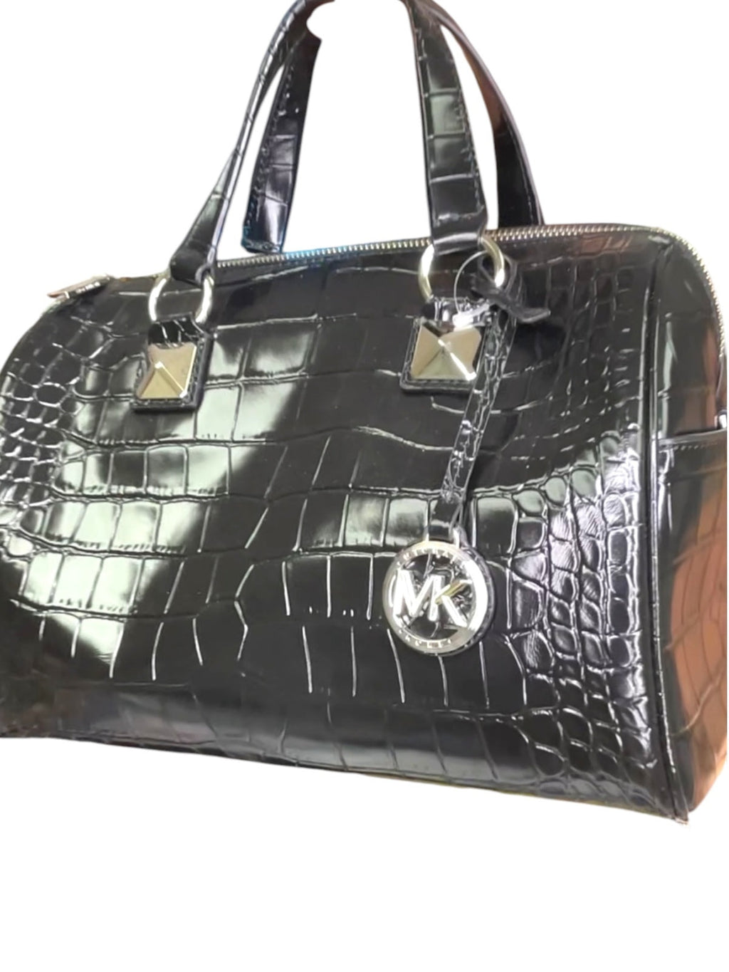 Michael Kors Grayson Medium Duffle Satchel Black Embossed Croc Crossbody NWT