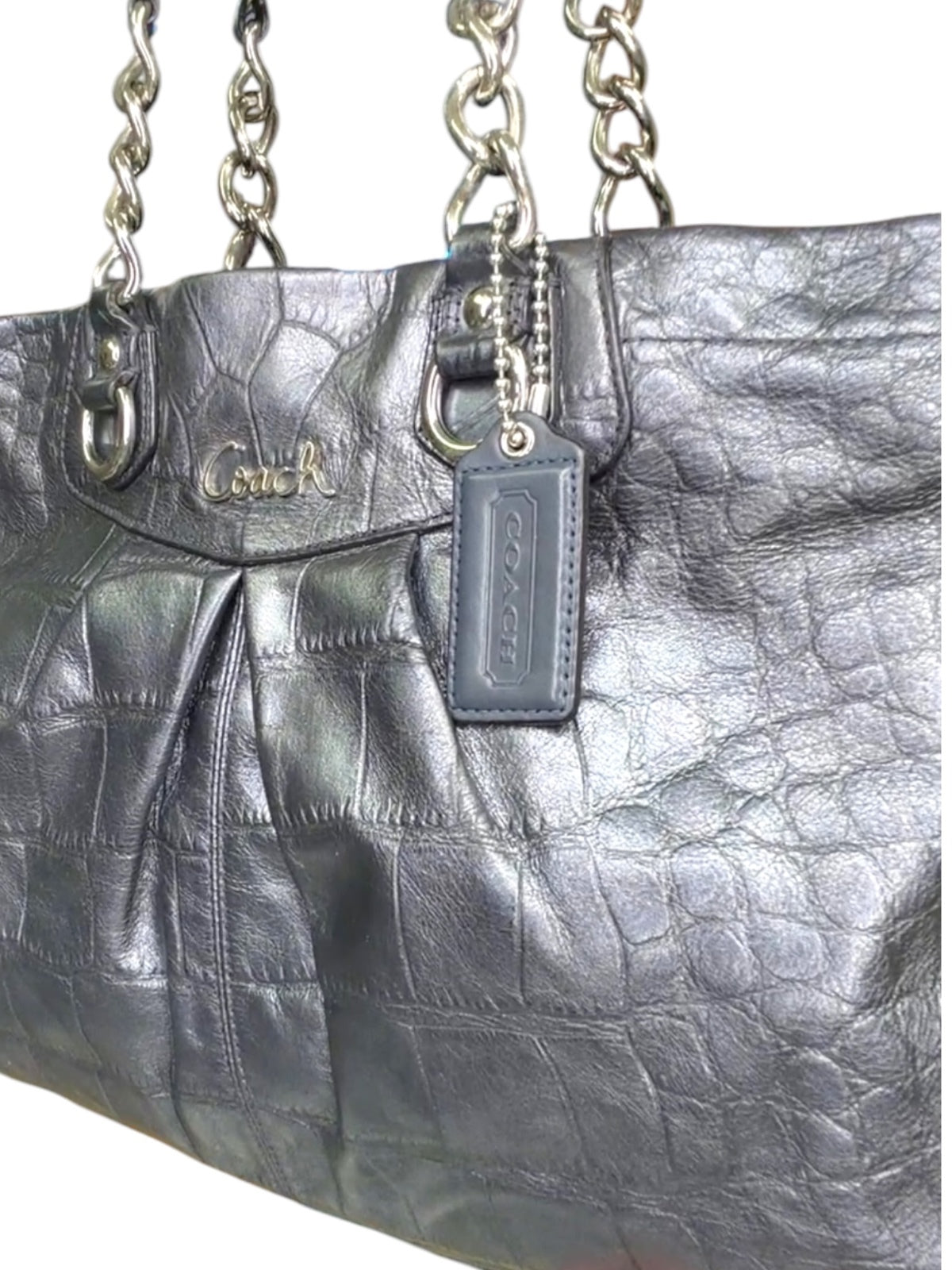 Coach Ashley Embossed Crocodile Leather Tote Shoulder Bag Metallic Pewter Gray
