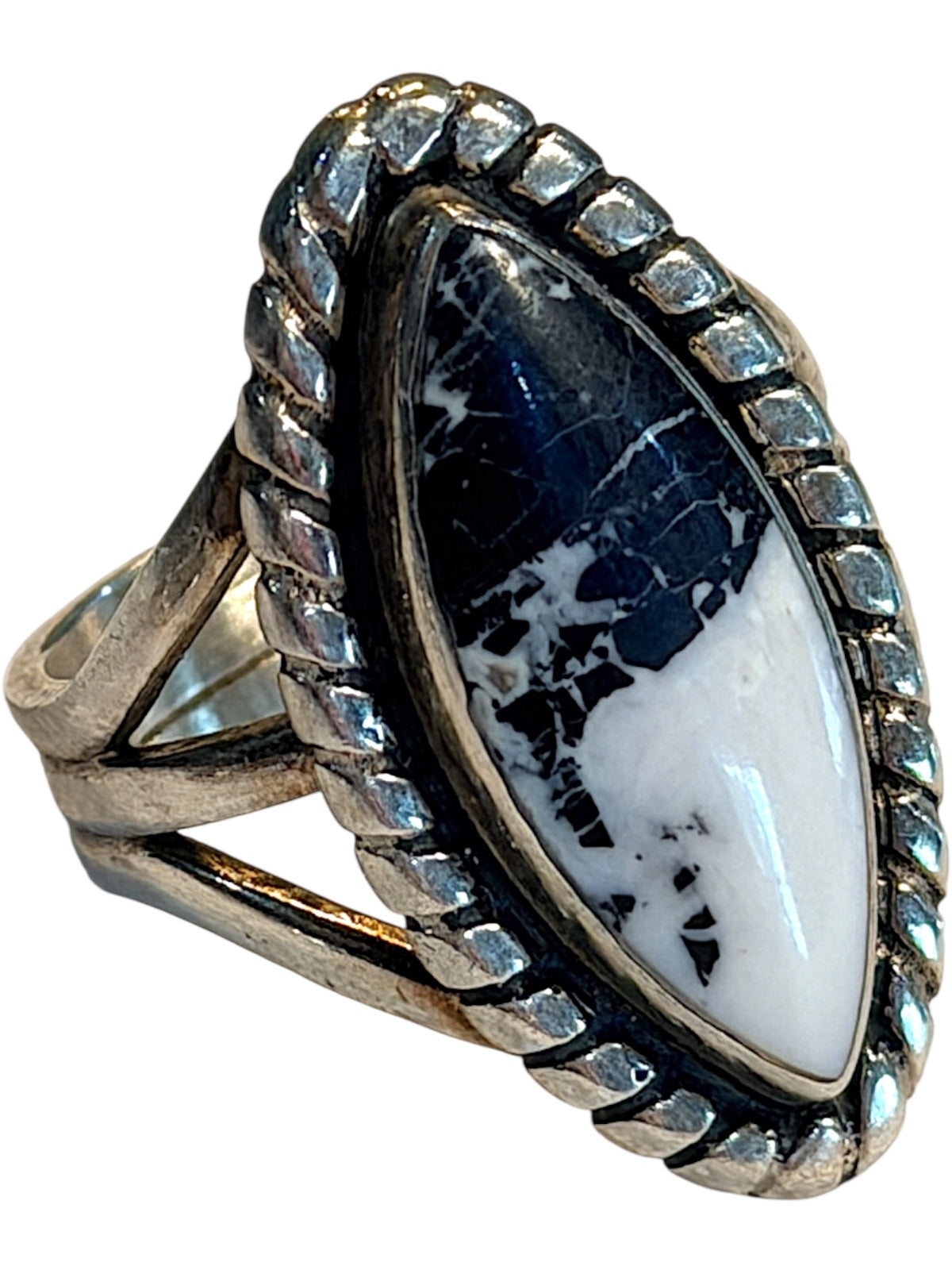 Vintage Native American White Buffalo Turquoise Sterling Silver Marquise Ring