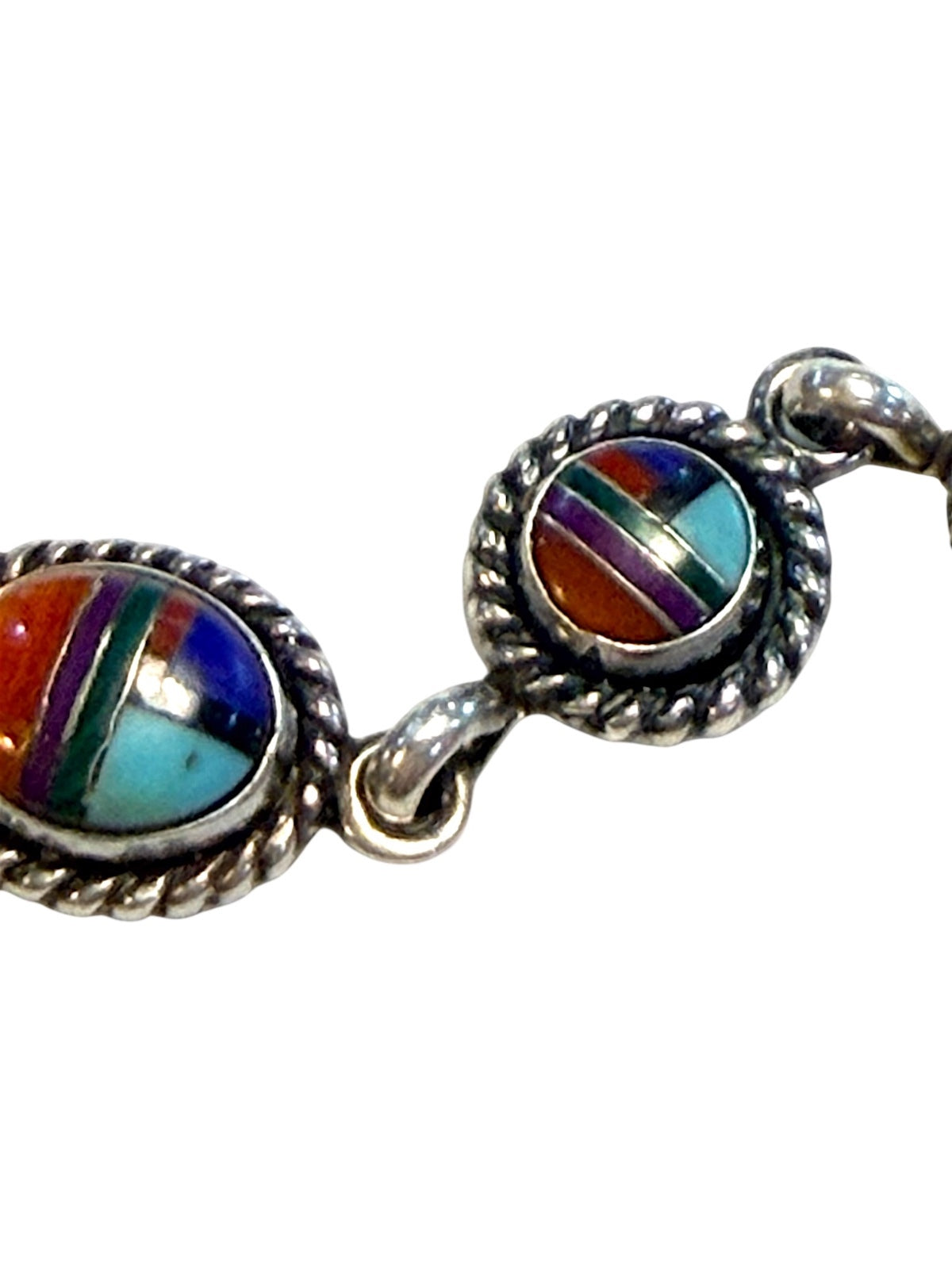 Vintage Sterling Silver Inlay Bracelet Turquoise Coral Lapis Sugilite Malachite