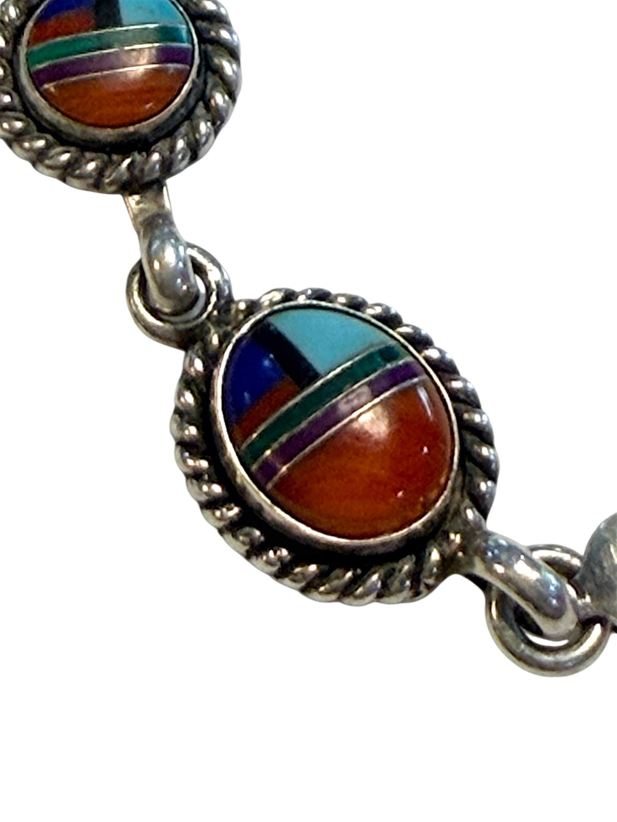 Vintage Sterling Silver Inlay Bracelet Turquoise Coral Lapis Sugilite Malachite