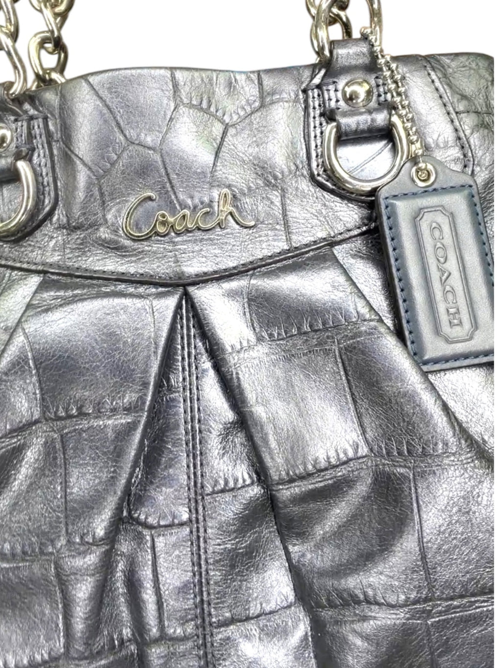 Coach Ashley Embossed Crocodile Leather Tote Shoulder Bag Metallic Pewter Gray
