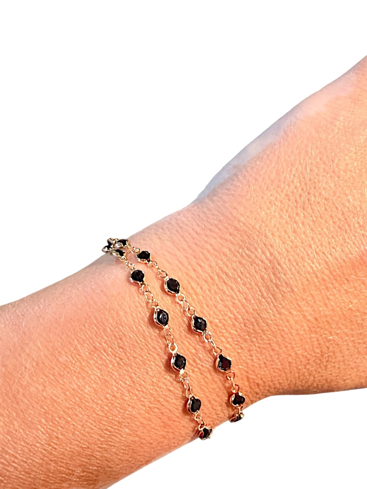 Homemade Delicate Gold Plated Chain Bracelet with Black Beaded Accents
