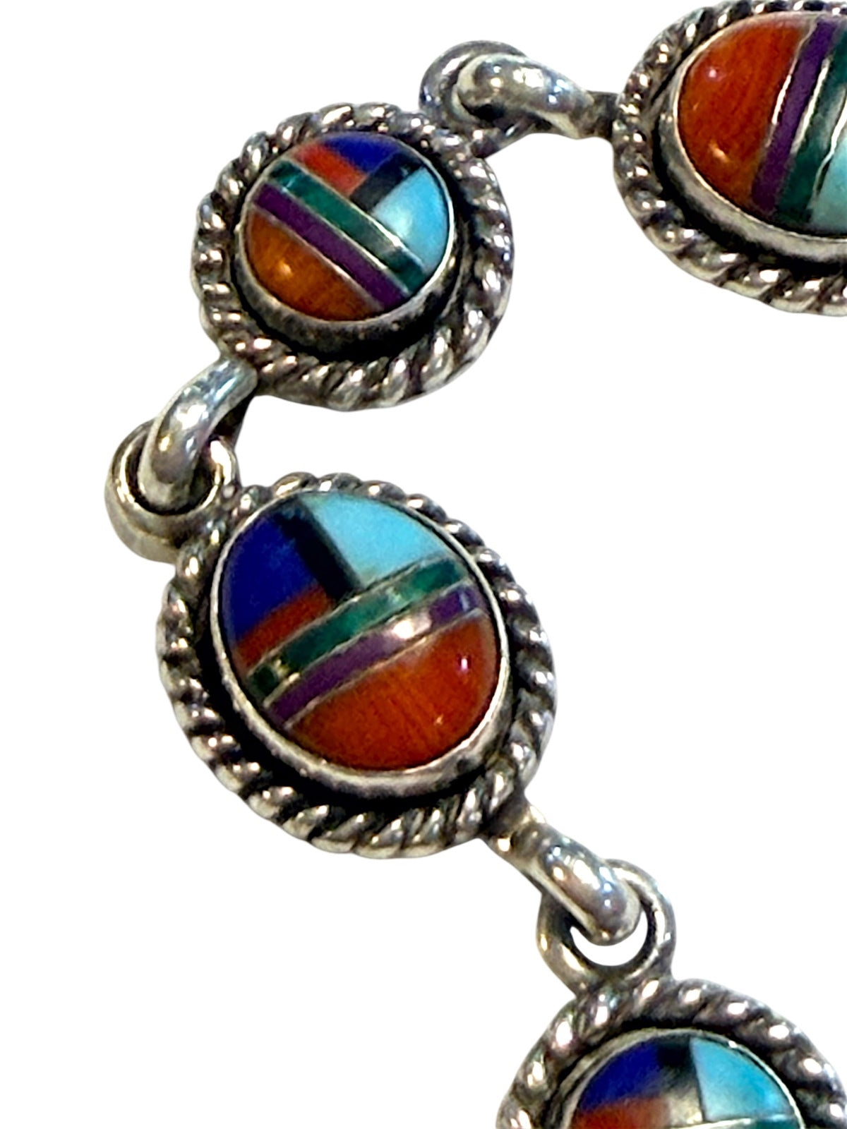 Vintage Sterling Silver Inlay Bracelet Turquoise Coral Lapis Sugilite Malachite