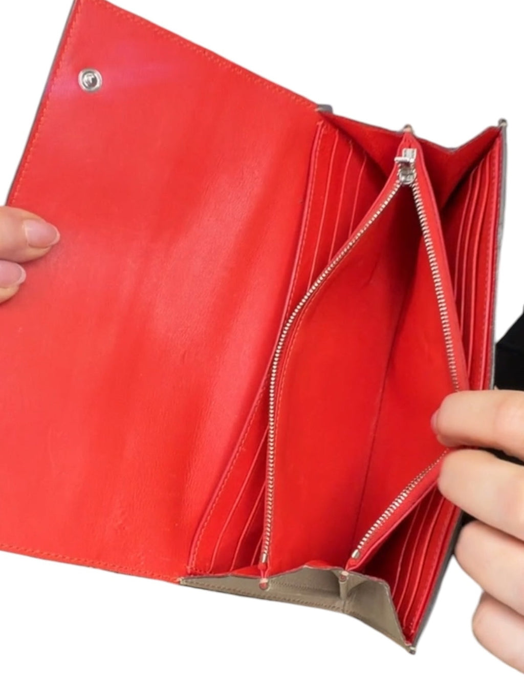 Celine Large Flap Wallet Beige Grained Leather Red Interior Continental Wallet