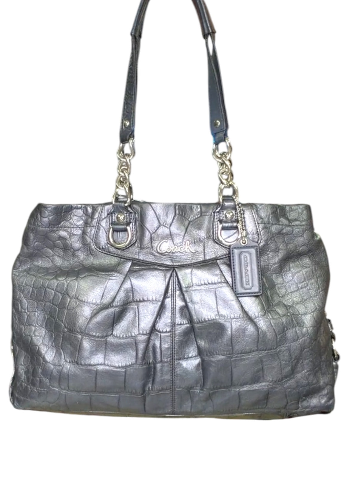 Coach Ashley Embossed Crocodile Leather Tote Shoulder Bag Metallic Pewter Gray
