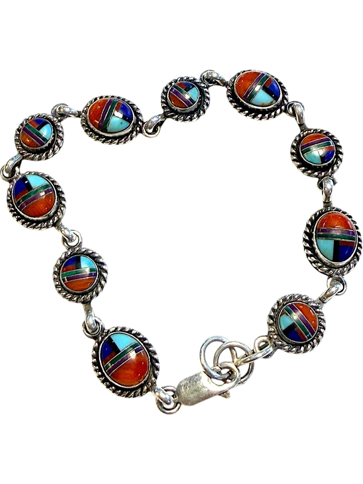 Vintage Sterling Silver Inlay Bracelet Turquoise Coral Lapis Sugilite Malachite