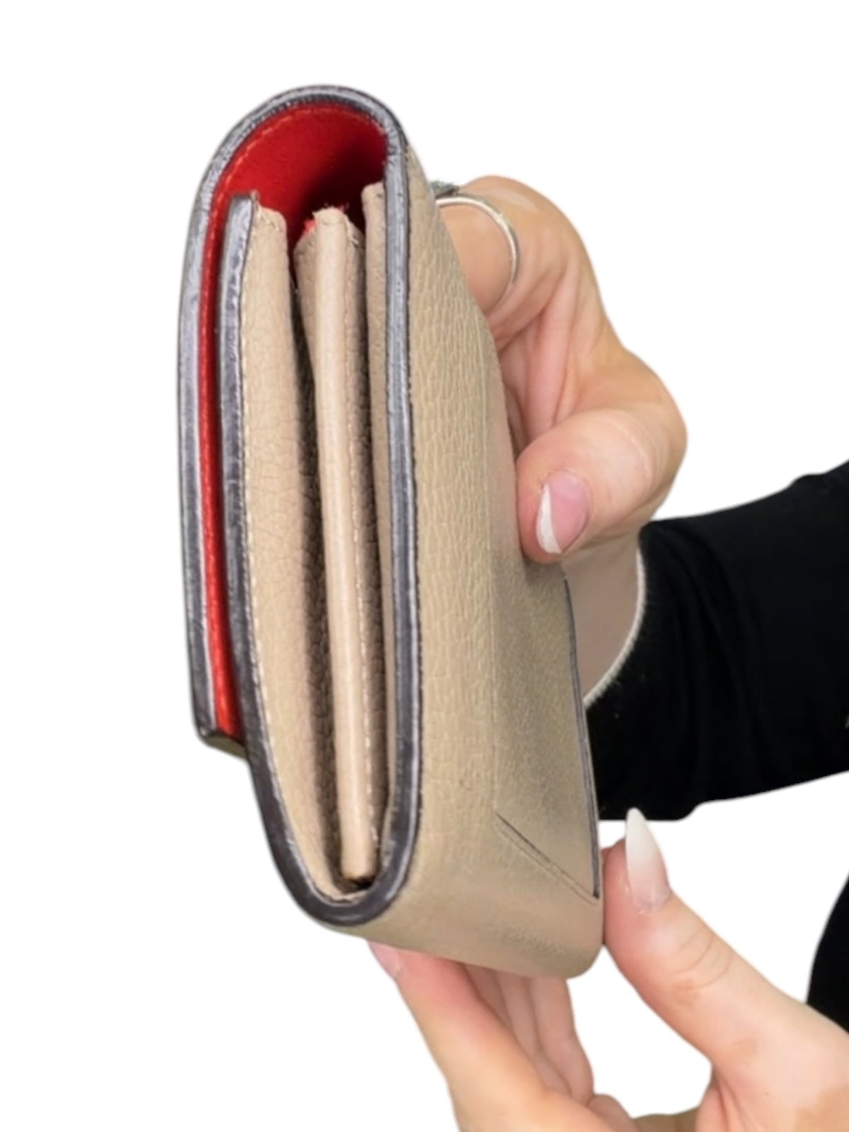 Celine Large Flap Wallet Beige Grained Leather Red Interior Continental Wallet