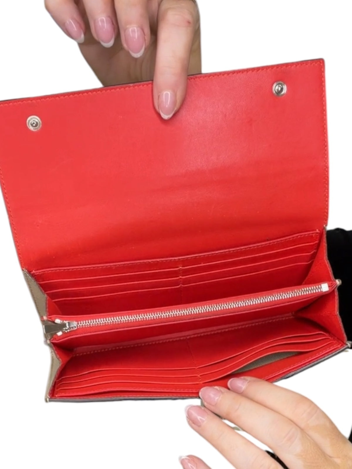 Celine Large Flap Wallet Beige Grained Leather Red Interior Continental Wallet