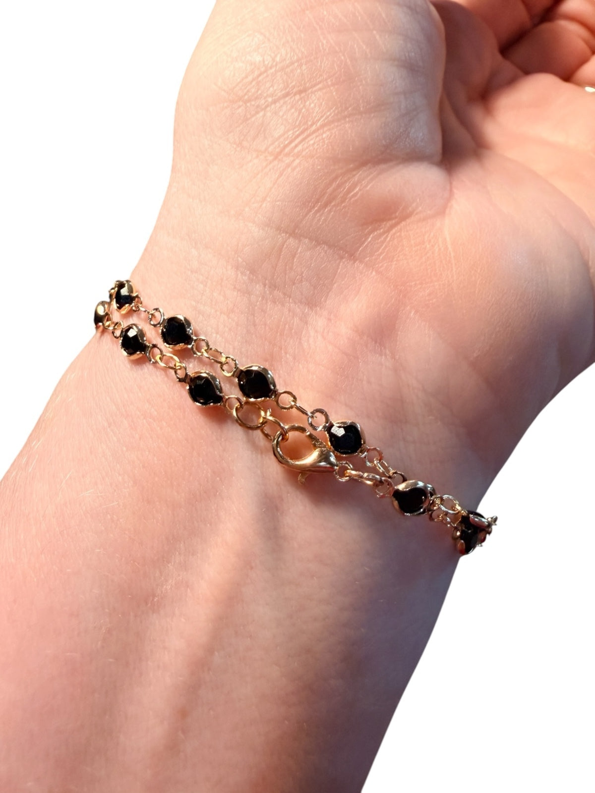 Homemade Delicate Gold Plated Chain Bracelet with Black Beaded Accents