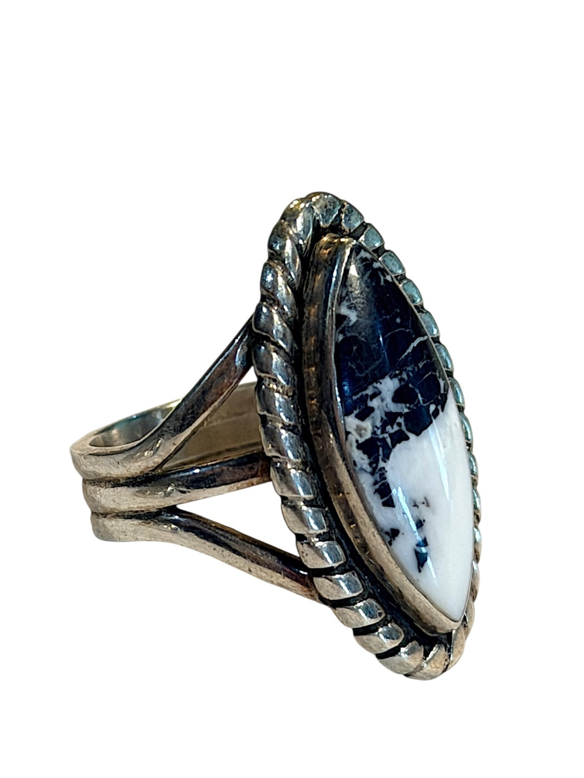 Vintage Native American White Buffalo Turquoise Sterling Silver Marquise Ring