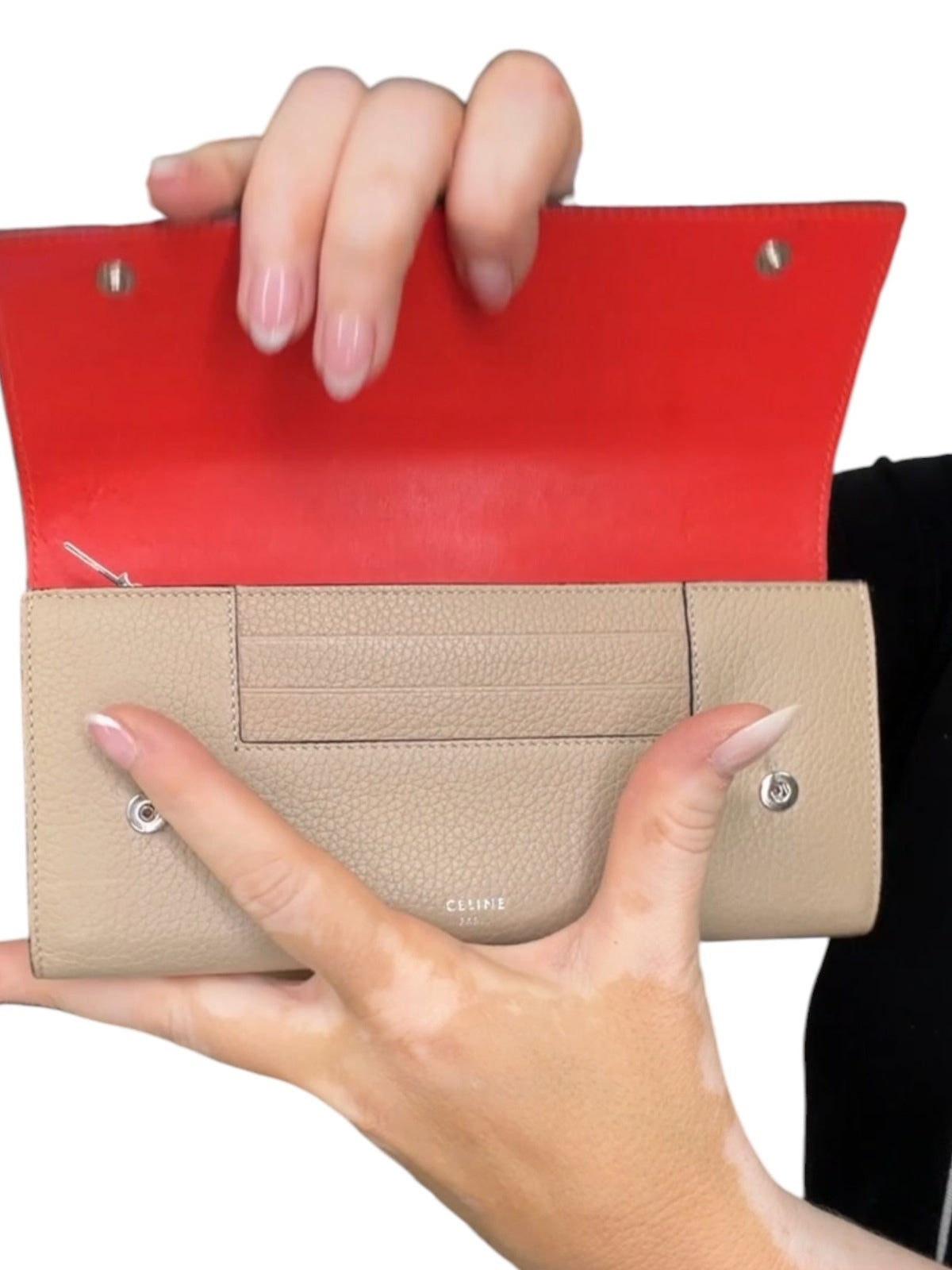 Celine Large Flap Wallet Beige Grained Leather Red Interior Continental Wallet