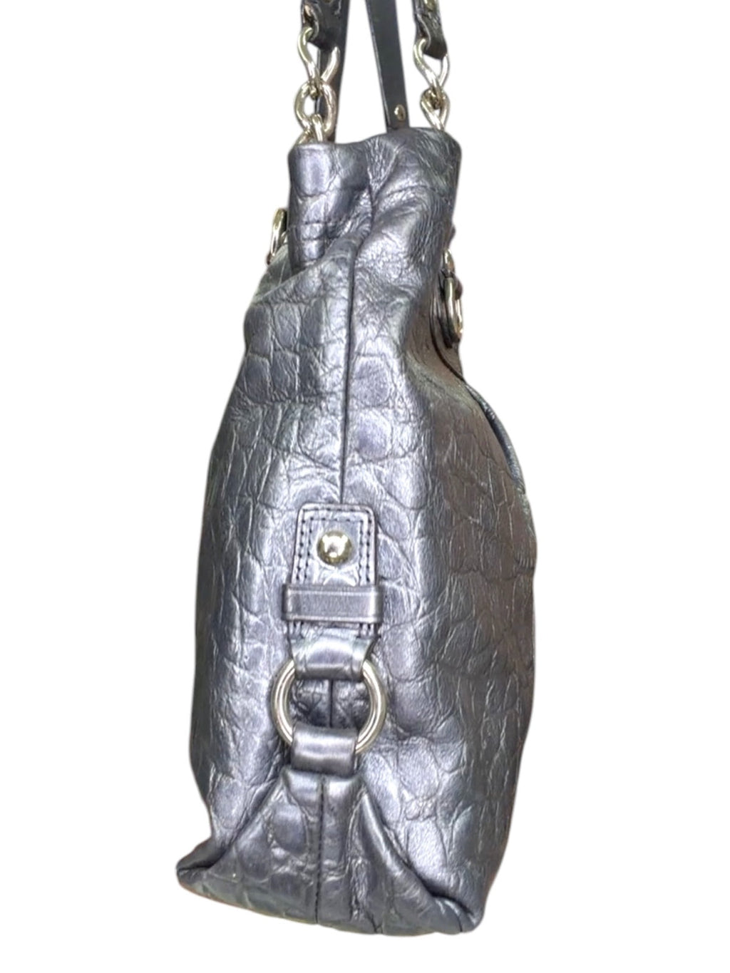 Coach Ashley Embossed Crocodile Leather Tote Shoulder Bag Metallic Pewter Gray