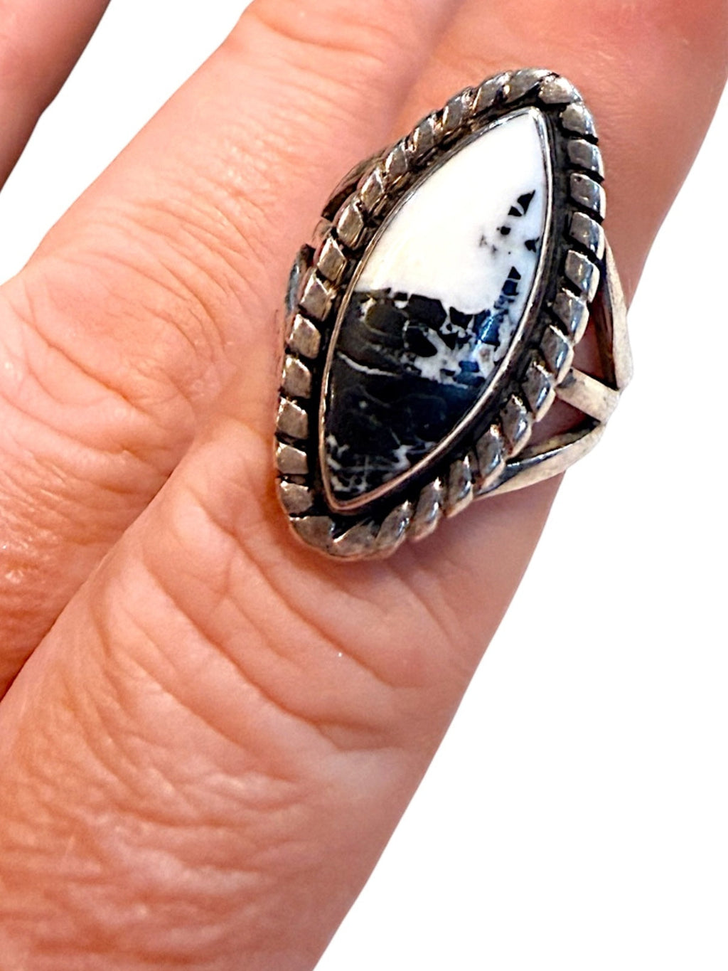 Vintage Native American White Buffalo Turquoise Sterling Silver Marquise Ring