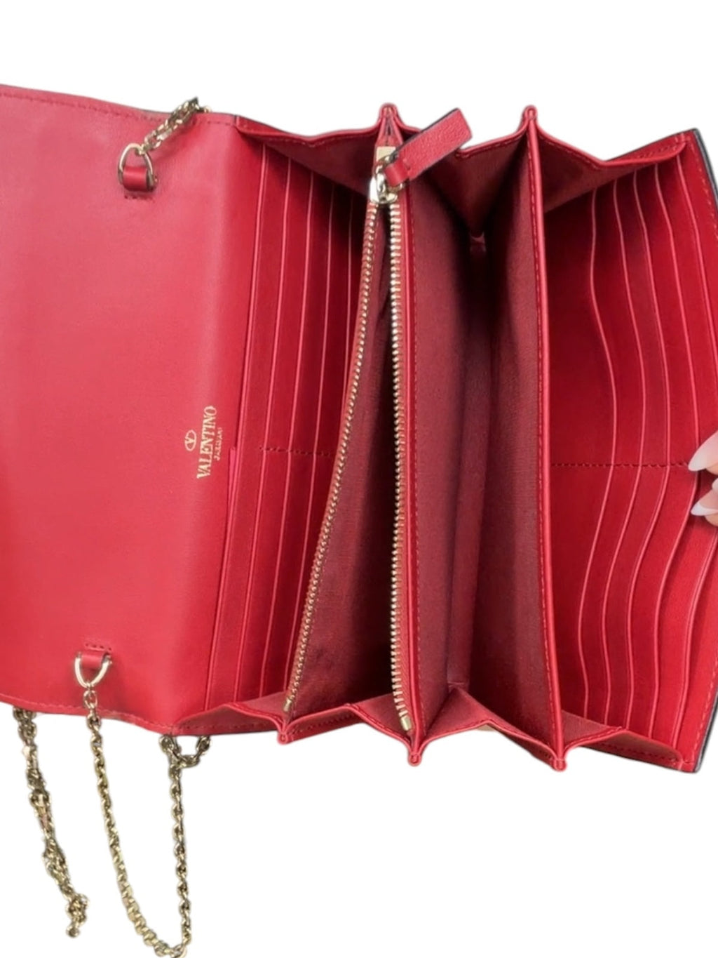 Valentino Garavani Rockstud Red Leather Crossbody Bag with Gold Chain