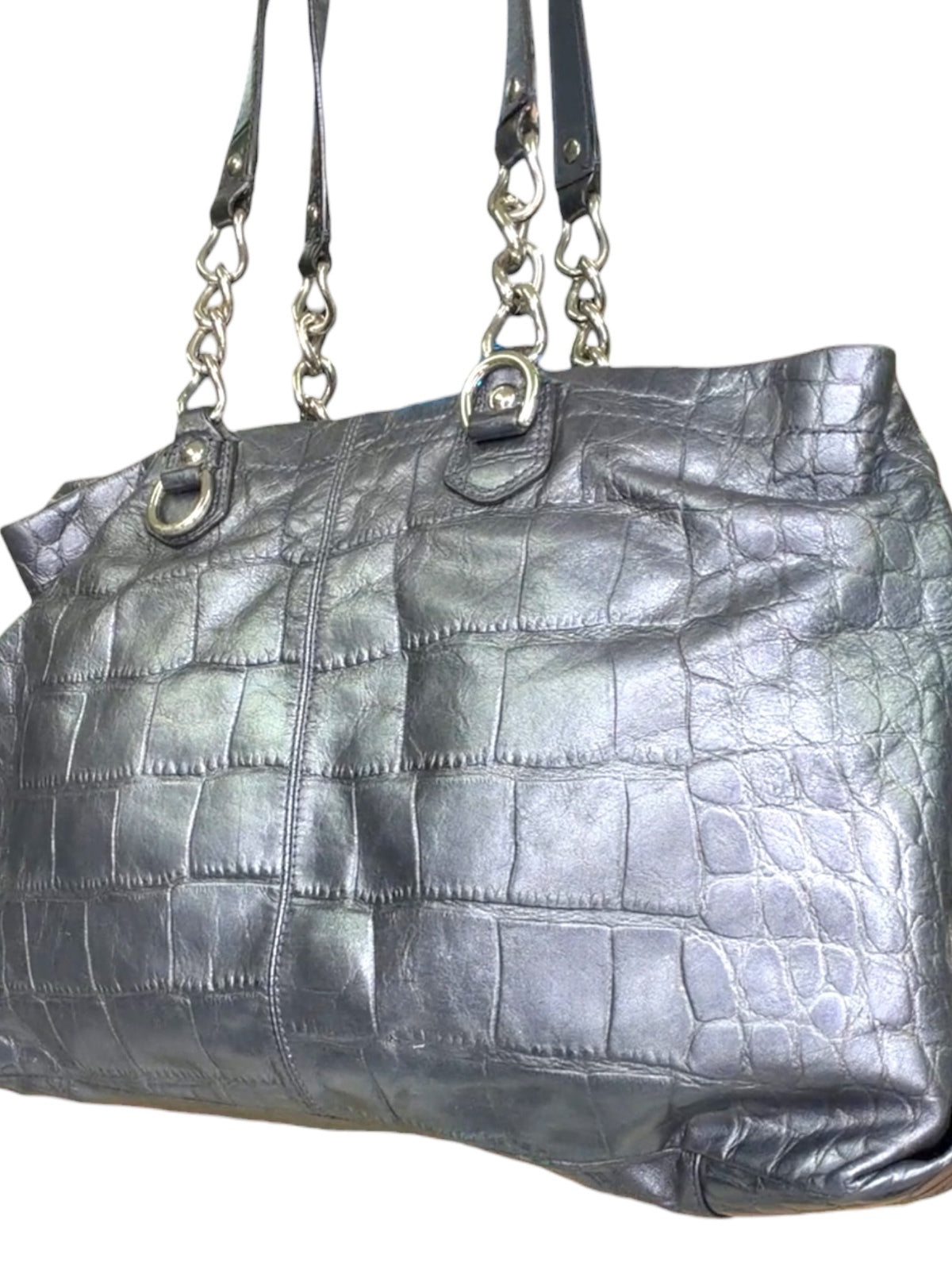Coach Ashley Embossed Crocodile Leather Tote Shoulder Bag Metallic Pewter Gray