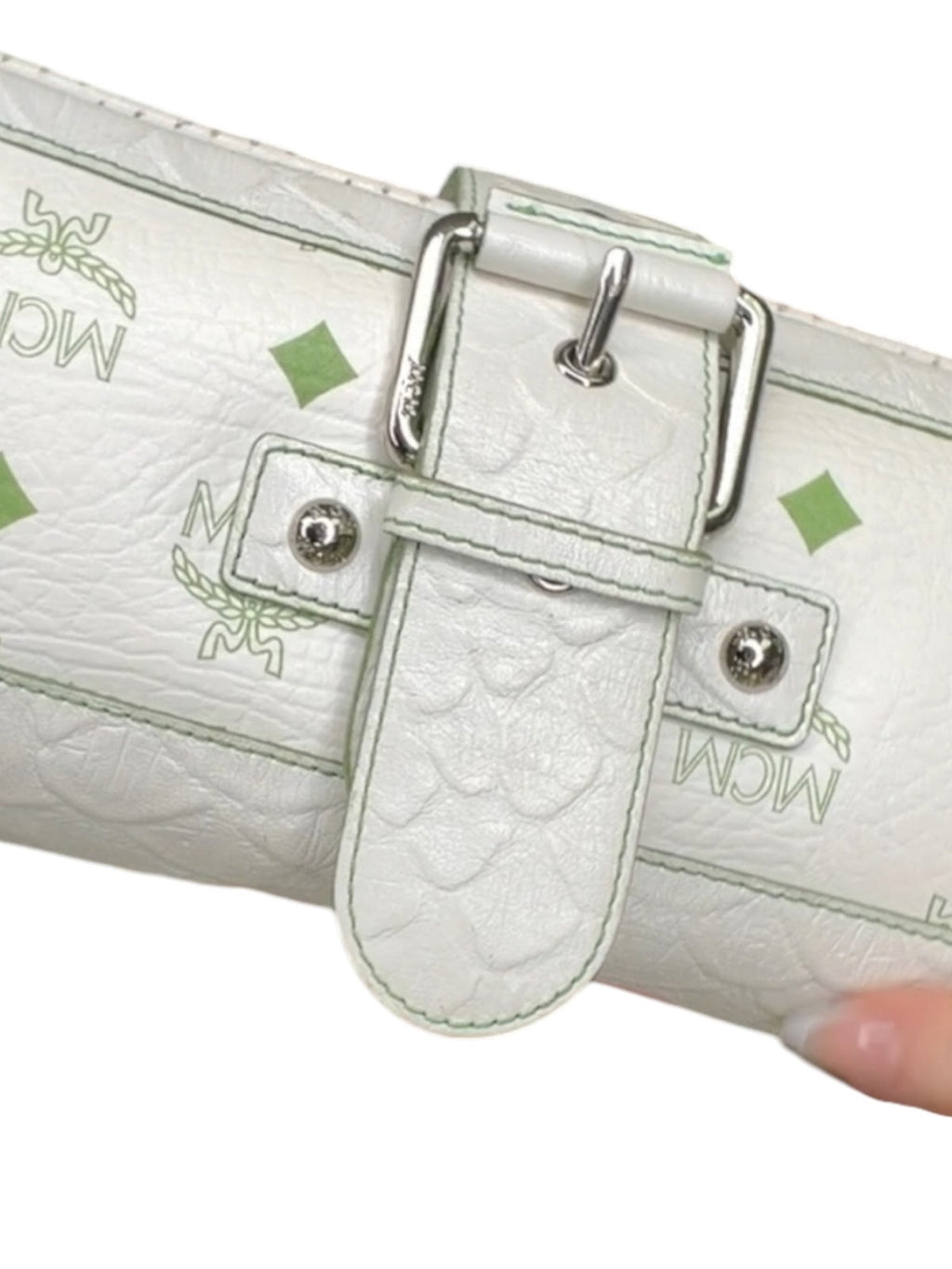 MCM White and Green Leather Clutch Bag