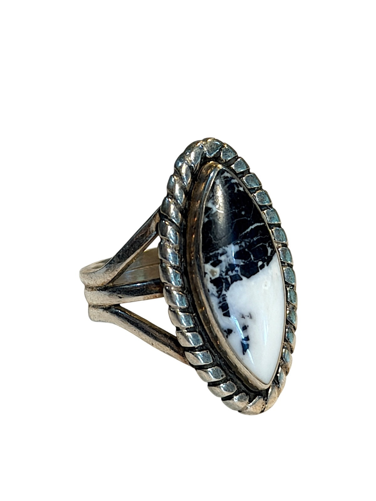 Vintage Native American White Buffalo Turquoise Sterling Silver Marquise Ring