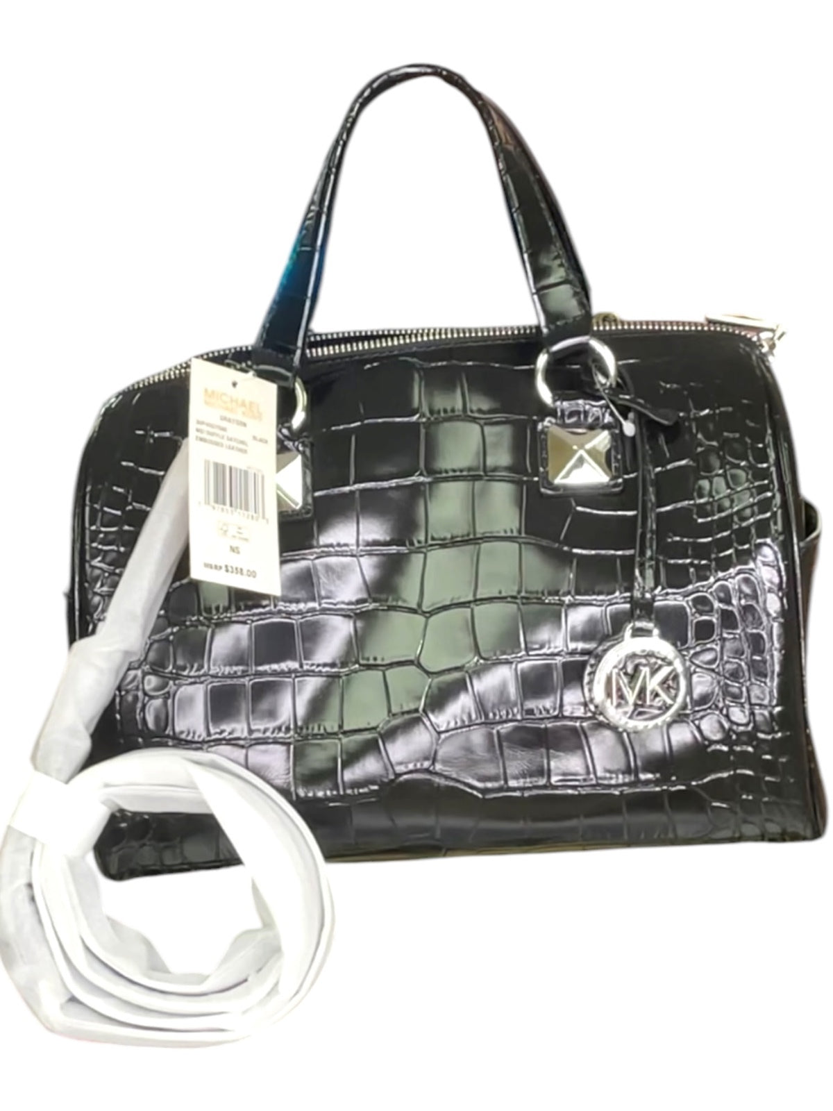 Michael Kors Grayson Medium Duffle Satchel Black Embossed Croc Crossbody NWT