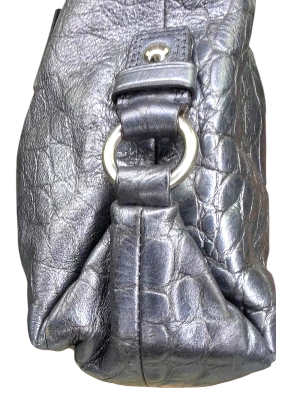 Coach Ashley Embossed Crocodile Leather Tote Shoulder Bag Metallic Pewter Gray