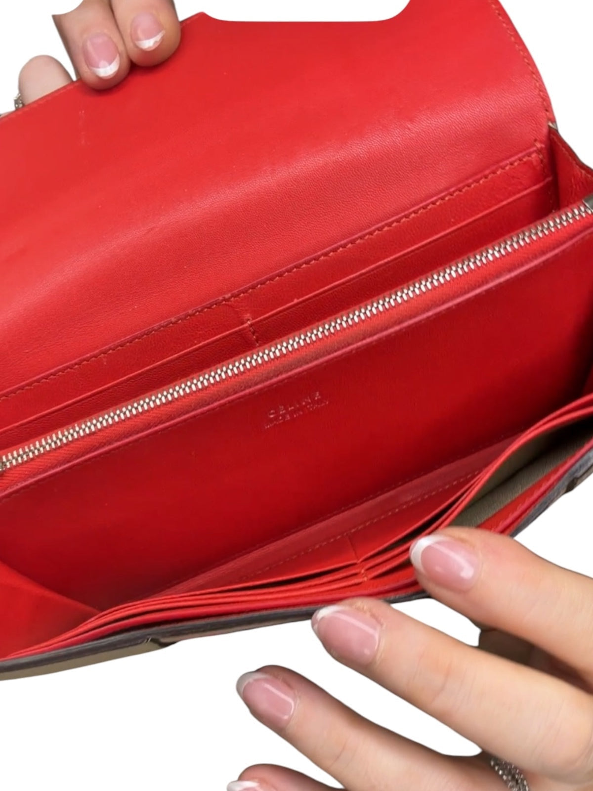 Celine Large Flap Wallet Beige Grained Leather Red Interior Continental Wallet