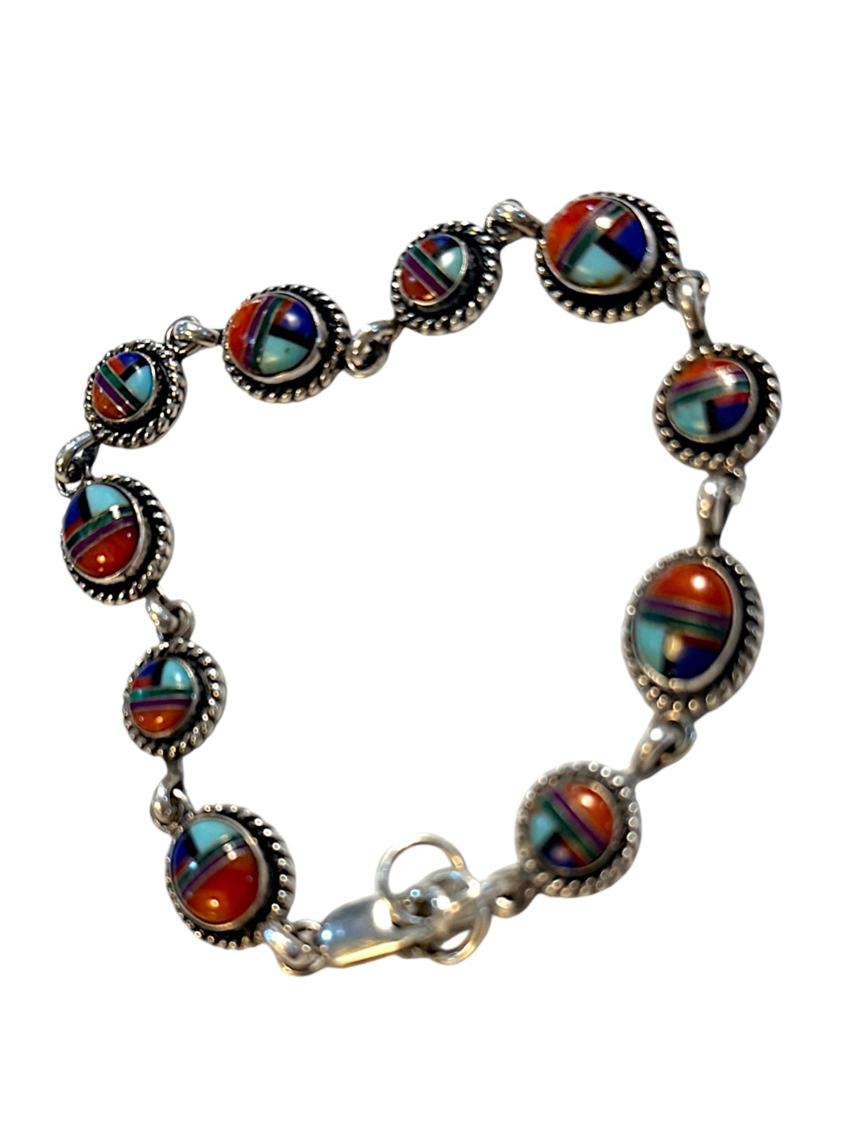 Vintage Sterling Silver Inlay Bracelet Turquoise Coral Lapis Sugilite Malachite