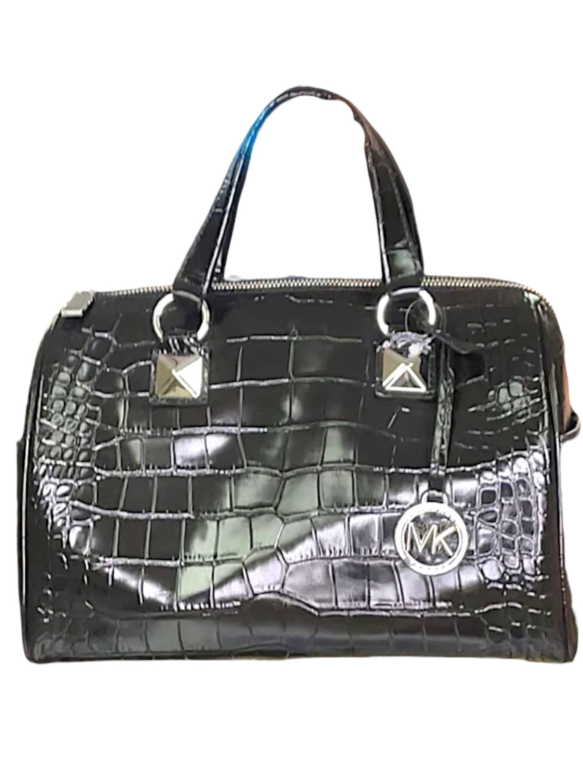 Michael Kors Grayson Medium Duffle Satchel Black Embossed Croc Crossbody NWT