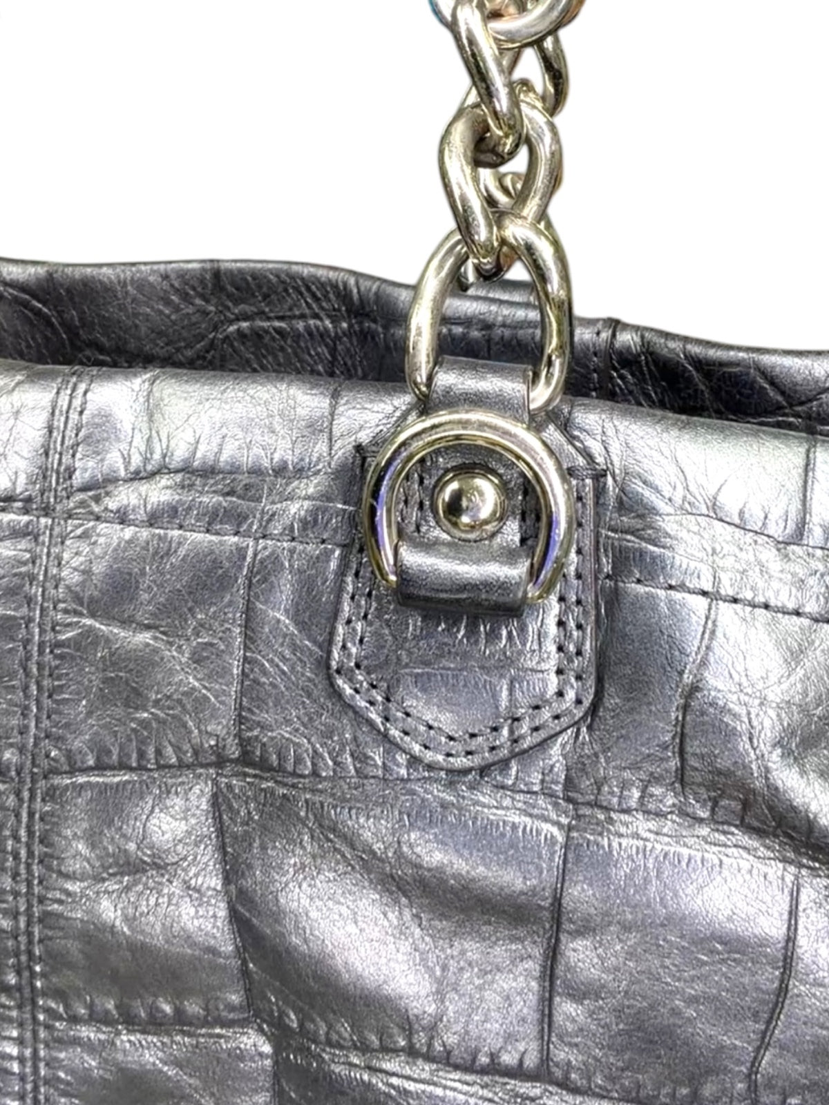Coach Ashley Embossed Crocodile Leather Tote Shoulder Bag Metallic Pewter Gray