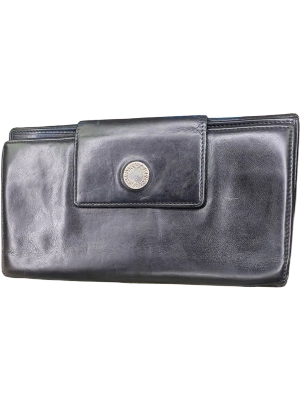 Bvlgari Black Leather Continental Wallet Long Bifold Snap Closure Wallet