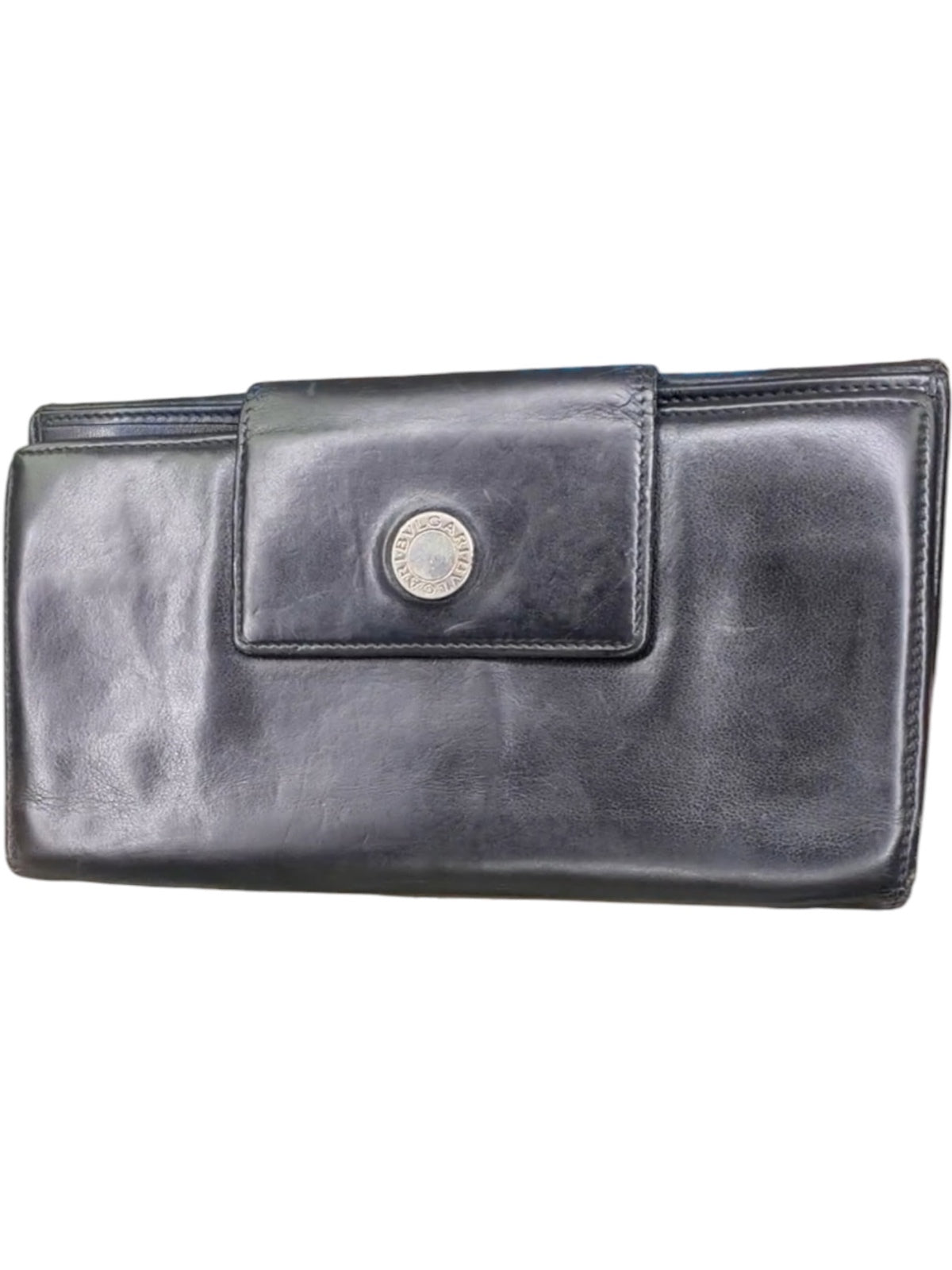 Bvlgari Black Leather Continental Wallet Long Bifold Snap Closure Wallet