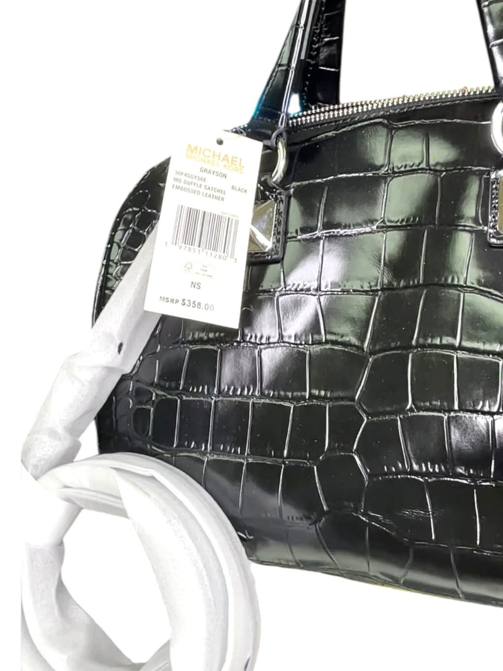 Michael Kors Grayson Medium Duffle Satchel Black Embossed Croc Crossbody NWT