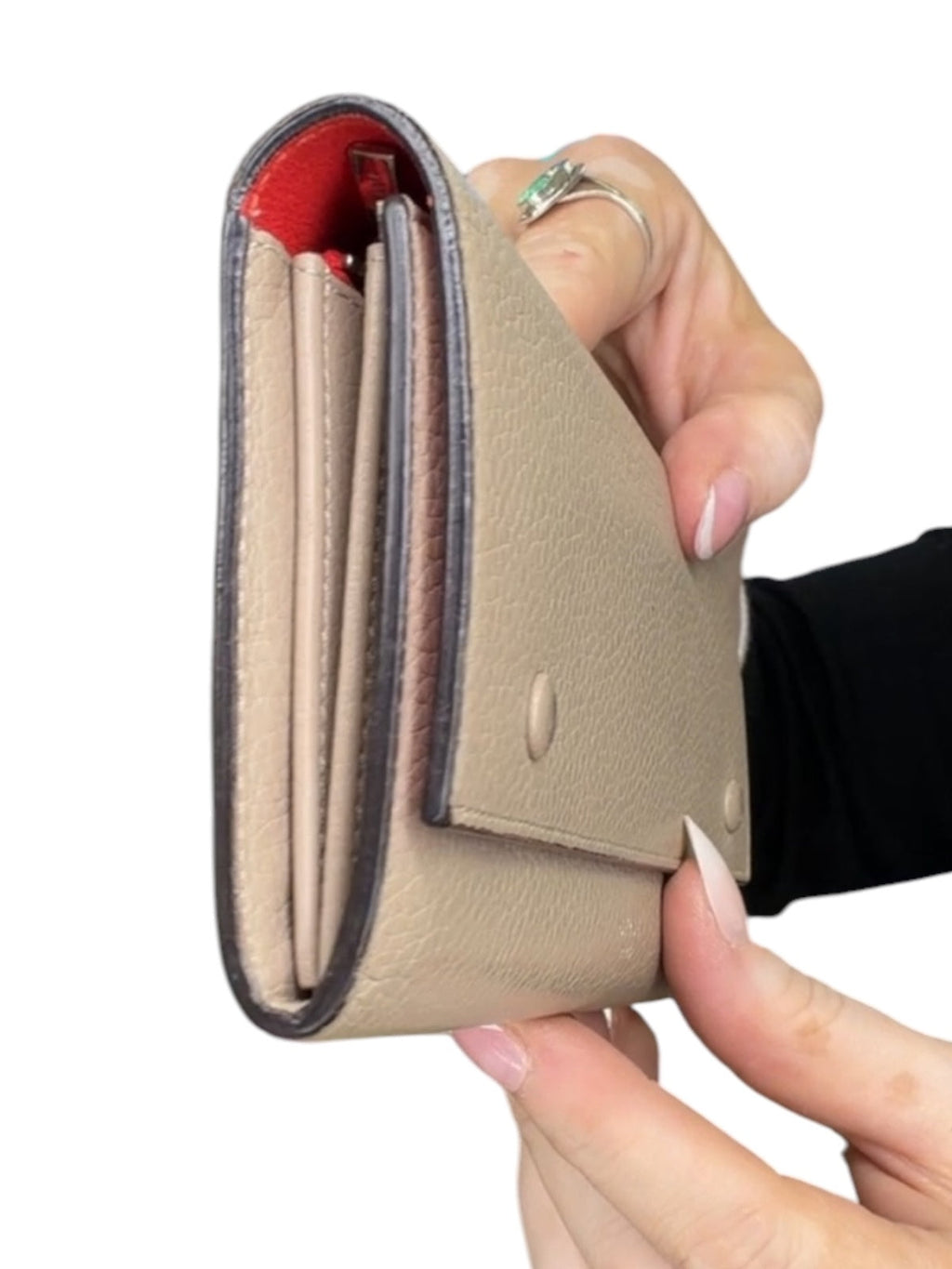 Celine Large Flap Wallet Beige Grained Leather Red Interior Continental Wallet