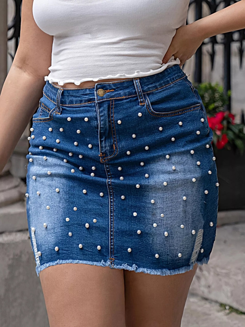 Plus Size Pearl Embellished Denim Skirt See size chart under “more details”