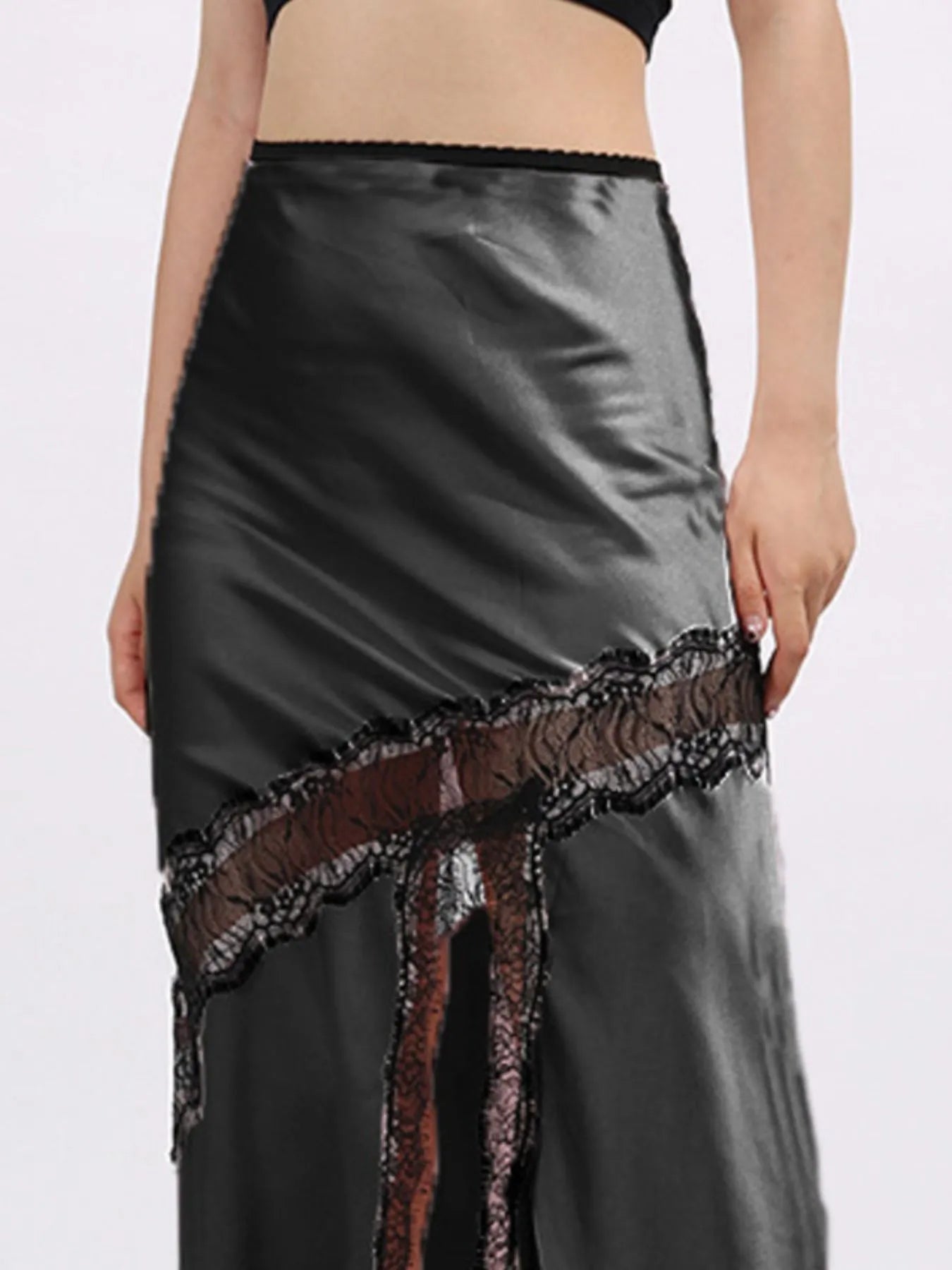 Lace Trim Asymmetrical Midi Skirt See size chart under “more details”