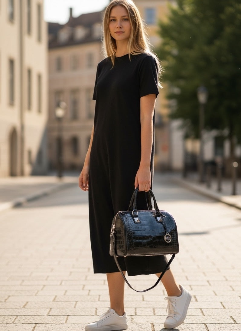 Michael Kors Grayson Medium Duffle Satchel Black Embossed Croc Crossbody NWT